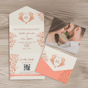 Invitation Tout En Un Mariage Monogramme Cœur Floral aux Pêches Rustique