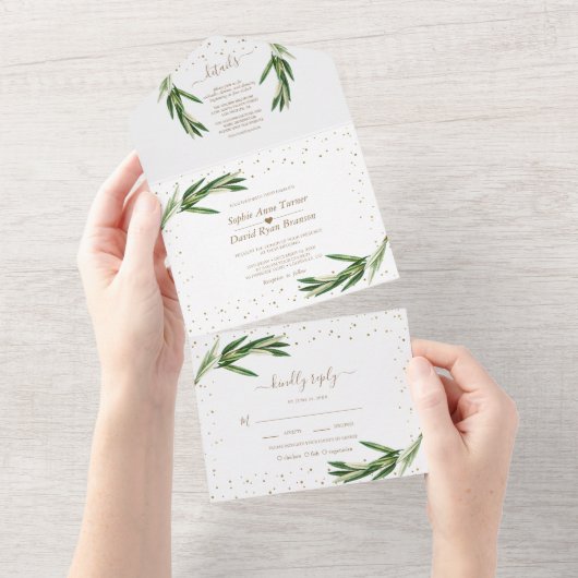 Invitation Tout En Un Mariage Monogramme Confetti Vert Olive Or  (Déchirure)