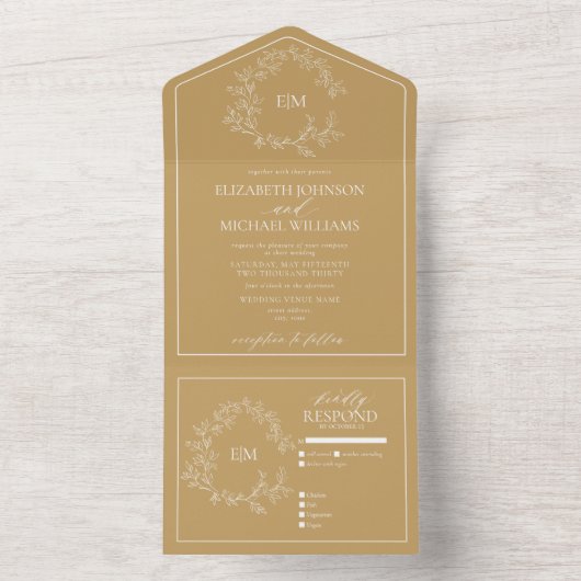 Invitation Tout En Un Mariage Monogramme de cime dorée moderne (À l'intérieur)