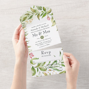 Invitation Tout En Un Mariage Monogramme de Verdure Cristalline Géométri