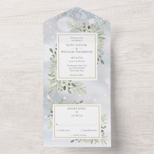 Invitation Tout En Un Mariage Monogramme de verdure des neiges d'hiver (À l'intérieur)