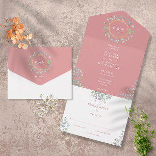 Invitation Tout En Un Mariage Monogramme de verdure florale Rose Poussié