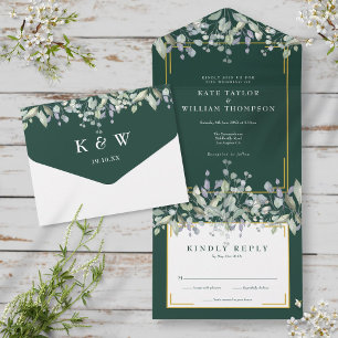 Invitation Tout En Un Mariage Monogramme Émeraude Feuillage Lilas Sage