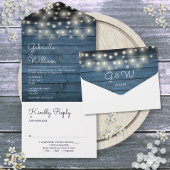 Invitation Tout En Un Mariage Monogramme en bois rustique bleu