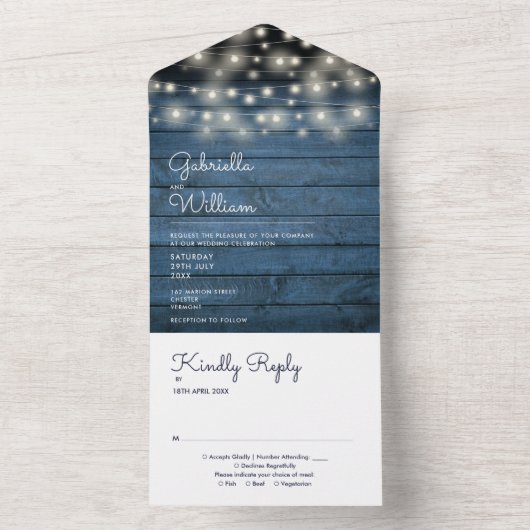 Invitation Tout En Un Mariage Monogramme en bois rustique bleu (À l'intérieur)