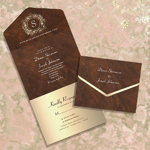 Invitation Tout En Un Mariage Monogramme en Bois Vintage