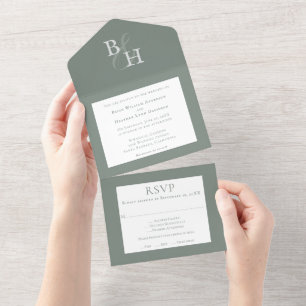 Invitation Tout En Un Mariage Monogramme minimaliste Sage Green