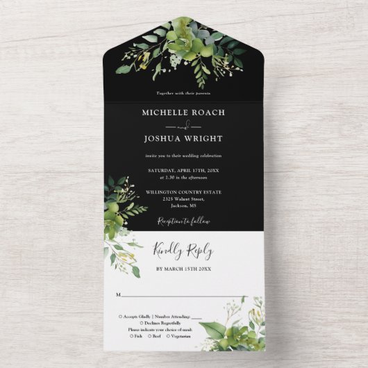 Invitation Tout En Un Mariage Monogramme noir et blanc verdoyant (À l'intérieur)