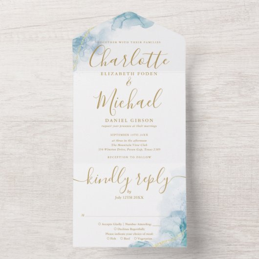 Invitation Tout En Un Mariage Monogramme Or en écriture Aquarelle Abstra (À l'intérieur)