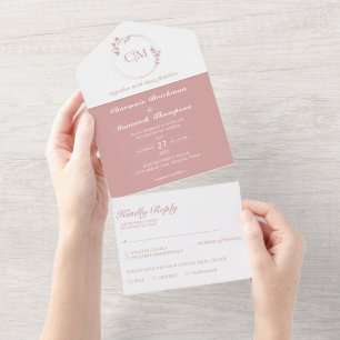 Invitation Tout En Un Mariage Monogramme rose foncé