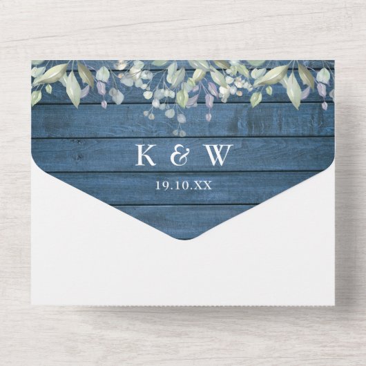 Invitation Tout En Un Mariage Monogramme Rustique En Bois Bleu Et Lilac (Verso)