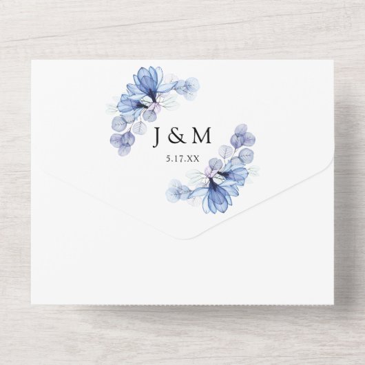 Invitation Tout En Un Mariage monogramme transparent bleu-bleu floral (Verso)