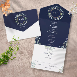 Invitation Tout En Un Mariage Monogramme Verdure Floral Bleu Nuit