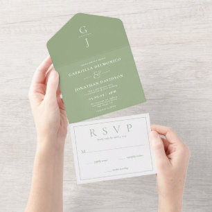 Invitation Tout En Un Mariage Monogramme vert Sage moderne RSVP