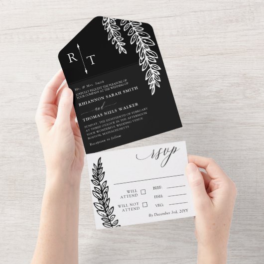 Invitation Tout En Un Mariage monographique noir blanc vert (Déchirure)