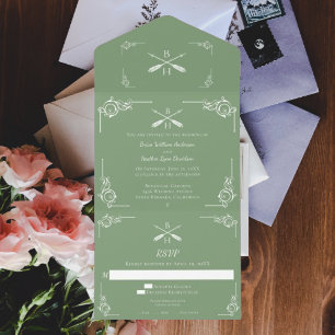 Invitation Tout En Un Mariage Moss Green Monogram et Flèches
