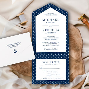 Invitation Tout En Un Mariage nautique bleu marine et blanc avec ancres