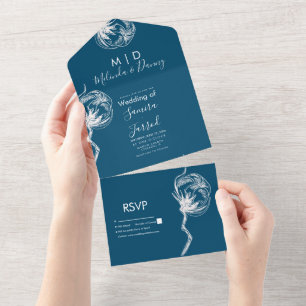 Invitation Tout En Un Mariage Navy Art Ligne Plantes de Coton Dessinées 