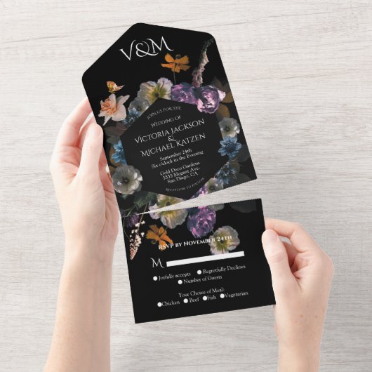 Invitation Tout En Un Mariage Néo-Classique au Clair de Lune Fleurs Somb (Déchirure)