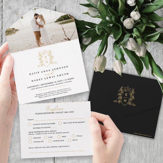 Invitation Tout En Un Mariage noir couronne d'or monographie photo