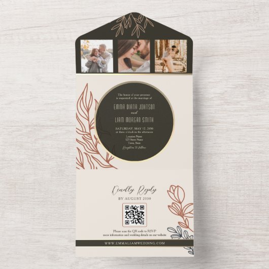 Invitation Tout En Un Mariage noir et blanc Boho (À l'intérieur)