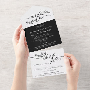 Invitation Tout En Un Mariage Noir et Blanc Bouquet de Fleurs Simple