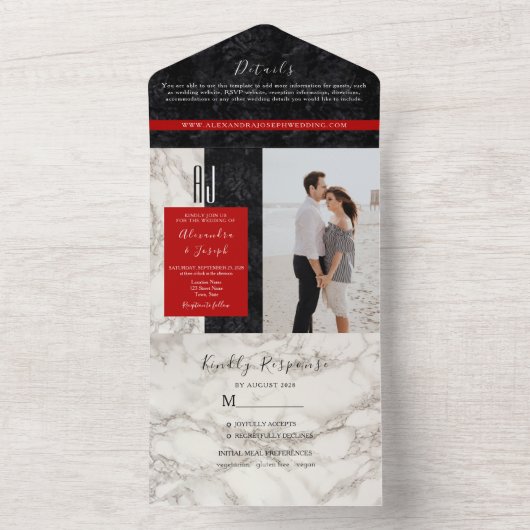 Invitation Tout En Un Mariage noir et blanc rouge (À l'intérieur)