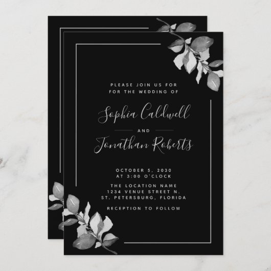 Invitation Tout en un Mariage noir Eucalyptus gris argent (Devant / Derrière)