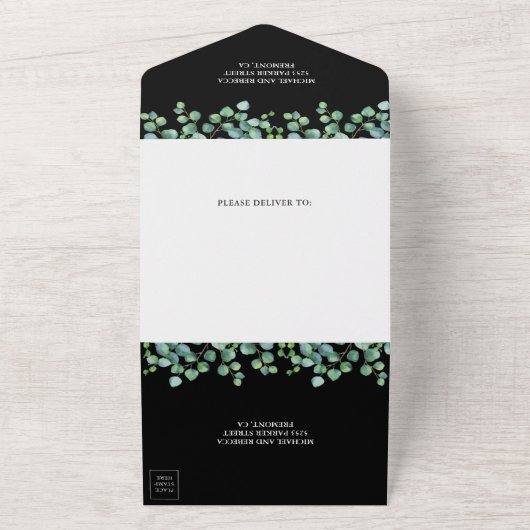 Invitation Tout En Un Mariage noir Feuille Eucalyptus à cadre diamant (Dehors)