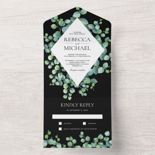 Invitation Tout En Un Mariage noir Feuille Eucalyptus à cadre diamant (À l'intérieur)