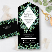 Invitation Tout En Un Mariage noir Feuille Eucalyptus à cadre diamant