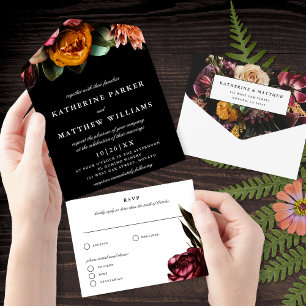 Invitation Tout En Un Mariage noir foncé + Moody élégant Floral