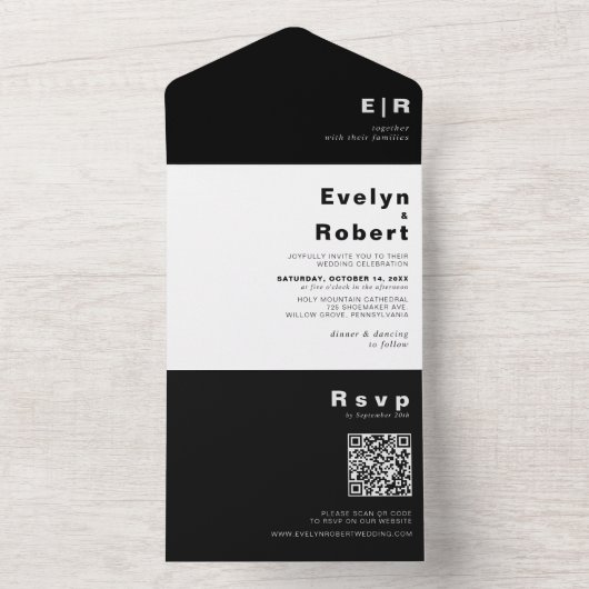 Invitation Tout En Un Mariage noir minimaliste élégant (À l'intérieur)