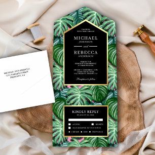 Invitation Tout En Un Mariage Noir Or Feuilles Tropicales Vertes Monster