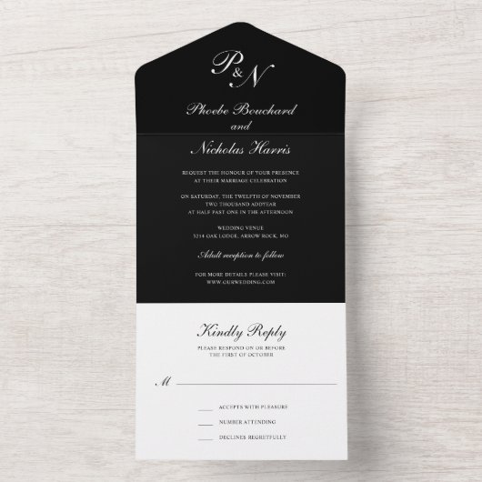 Invitation Tout En Un Mariage noir simple et élégant (À l'intérieur)