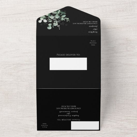 Invitation Tout En Un Mariage noir vert moderne (Dehors)