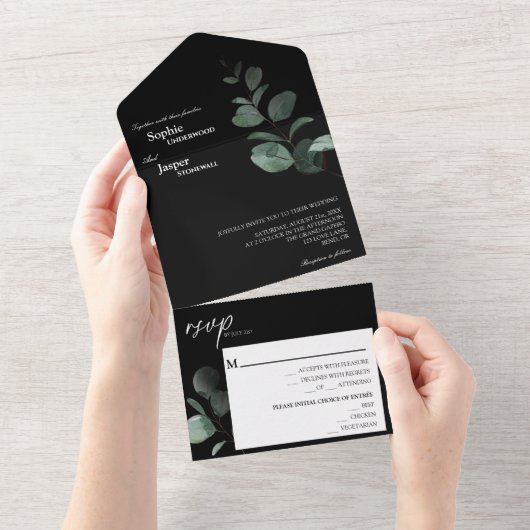 Invitation Tout En Un Mariage noir vert moderne (Déchirure)