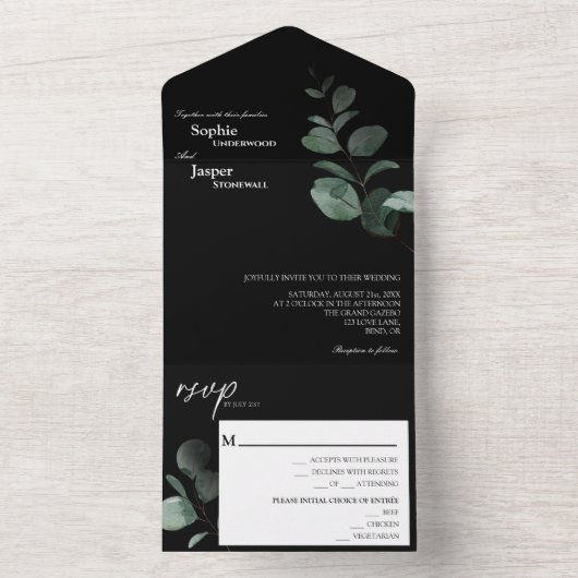 Invitation Tout En Un Mariage noir vert moderne (À l'intérieur)