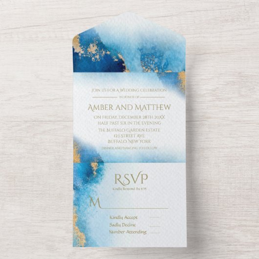Invitation Tout En Un Mariage Ocean Blue Gold Agate (À l'intérieur)