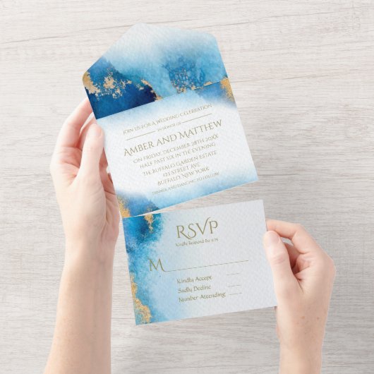 Invitation Tout En Un Mariage Ocean Blue Gold Agate (Déchirure)