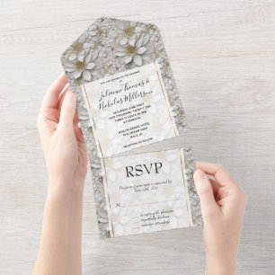 Invitation Tout En Un Mariage or blanc Lotus Fleurs
