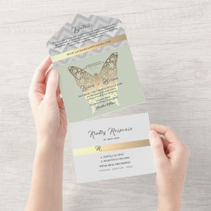 Invitation Tout En Un Mariage Or et Vert Sauge