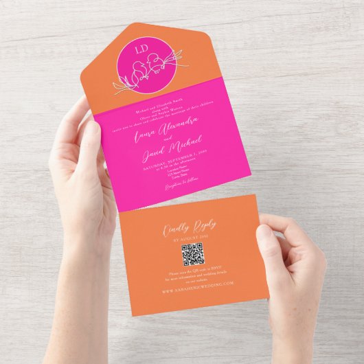 Invitation Tout En Un Mariage orange et rose (Déchirure)