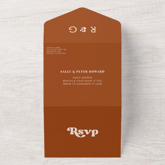 Invitation Tout En Un Mariage orange rétro élégant (Dehors)