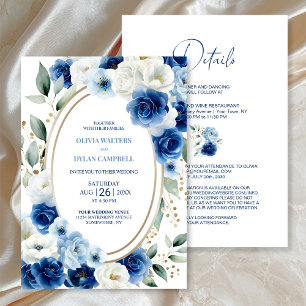 Invitation Tout en un Mariage Oval Bleu Floral