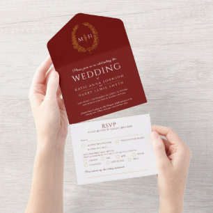 Invitation Tout En Un Mariage ovale feuilles monogramme rouge foncé or b