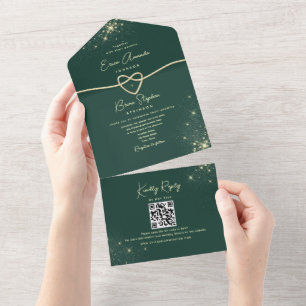 Invitation Tout En Un Mariage Pailleté de Vert Émeraude et Or
