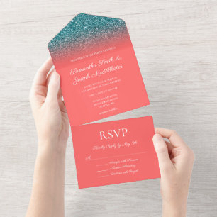 Invitation Tout En Un Mariage Pailleté Ombré Corail et Turquoise