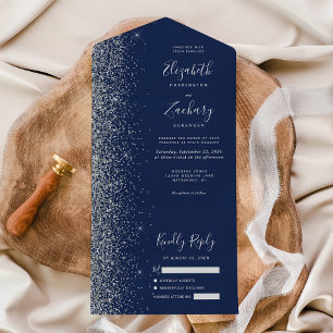 Invitation Tout En Un Mariage Paillettes Argent Bleu Navy Moderne