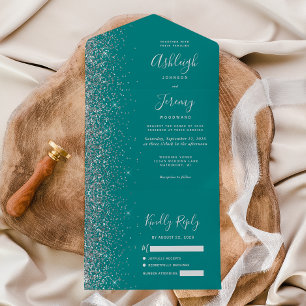 Invitation Tout En Un Mariage Paillettes Bleu Sarcelle Moderne Argent